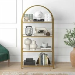 Henn& Hart 62 in. Arched Brass Finish Bookcase - Henn&Hart -Bookshelves Sales Shop unnamed file 1262