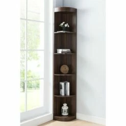 Maleena 5-Shelf Corner Wood Bookcase in Dark Walnut - Furniture of America