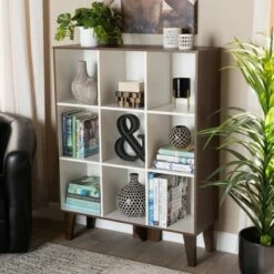 43.99" 9 Shelf Senja Two-Tone Finished Wood Bookshelf White/Walnut - Baxton Studio -Bookshelves Sales Shop unnamed file 1560