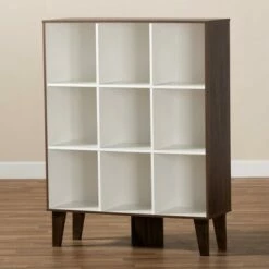 43.99" 9 Shelf Senja Two-Tone Finished Wood Bookshelf White/Walnut - Baxton Studio -Bookshelves Sales Shop unnamed file 1561