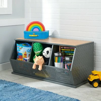 Badger Basket Metal and Bamboo 3 Bin Stackable Storage Cubby Charcoal/Natural 3 Badger Basket Metal and Bamboo 3 Bin Stackable Storage Cubby Charcoal/Natural