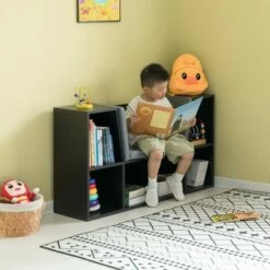 Basicwise Modern Multi-Purpose Bookshelf with Storage Space and Gray Cushioned Reading Nook