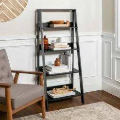 Thatcher Transitional Wood 4 Shelf Ladder Bookshelf - Saracina Home Gray