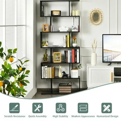 Costway 6 Tier S-Shaped Bookshelf Storage Display Bookcase Decor Z-Shelf 6 Costway 6 Tier S-Shaped Bookshelf Storage Display Bookcase Decor Z-Shelf - Image 4