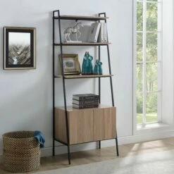 72" Open Shelf and Closed Storage Cabinet Ladder Bookcase - Saracina Home Dark Walnut