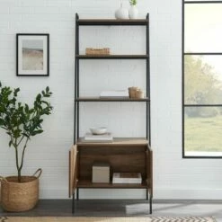 72" Open Shelf and Closed Storage Cabinet Ladder Bookcase - Saracina Home Dark Walnut -Bookshelves Sales Shop unnamed file 2176