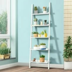 Costway Versatile White 5-Tier Bookshelf Leaning Wall Shelf Ladder Bookcase Storage Display Furni -Bookshelves Sales Shop unnamed file 2188
