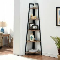 70" 5-Tier Corner Ladder Display Shelving Unit Metal & Distressed Wood - Danya B.