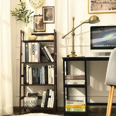 Costway 4-Tier Bamboo Ladder Shelf Plant Display Stand Rack Bookshelf Dark Brown 4 Costway 4-Tier Bamboo Ladder Shelf Plant Display Stand Rack Bookshelf Dark Brown - Image 2