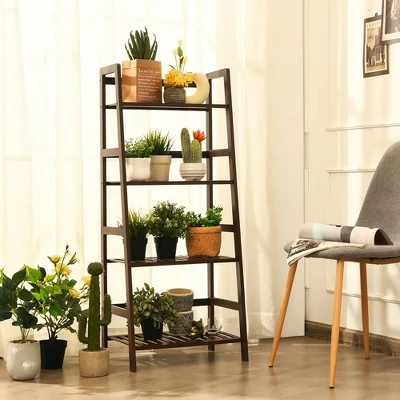 Costway 4-Tier Bamboo Ladder Shelf Plant Display Stand Rack Bookshelf Dark Brown 5 Costway 4-Tier Bamboo Ladder Shelf Plant Display Stand Rack Bookshelf Dark Brown - Image 3
