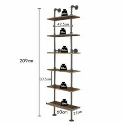 Costway 6-Shelf Rustic Pipe Shelving Unit, Vintage Industrial Pipe Wall Shelf Brown
