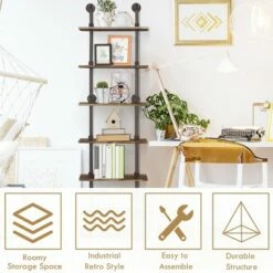 Costway 6-Shelf Rustic Pipe Shelving Unit, Vintage Industrial Pipe Wall Shelf Brown -Bookshelves Sales Shop unnamed file 2238