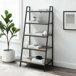 56" Metal and Wood Tiered Ladder Bookcase - Saracina Home Dark Walnut