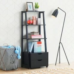 Costway 4-Tier Ladder Shelf Bookshelf Bookcase Storage Display Leaning With 2 Drawers