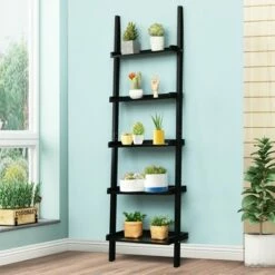 Costway Ladder Shelf 5-Tier Plant Stand Wall-leaning Bookcase Display Rack Black -Bookshelves Sales Shop unnamed file 2328