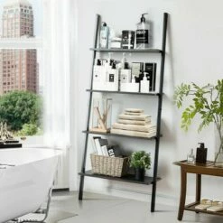 Costway Industrial Ladder Shelf 4-Tier Leaning Wall Bookcase Plant Stand Rustic Black/Brown -Bookshelves Sales Shop unnamed file 2374