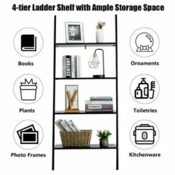 Costway Industrial Ladder Shelf 4-Tier Leaning Wall Bookcase Plant Stand Rustic Black/Brown -Bookshelves Sales Shop unnamed file 2377
