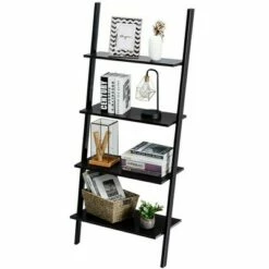 Costway Industrial Ladder Shelf 4-Tier Leaning Wall Bookcase Plant Stand Rustic Black/Brown -Bookshelves Sales Shop unnamed file 2380