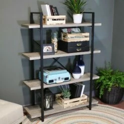 Sunnydaze Decor Sunnydaze 4 Shelf Industrial Style Freestanding Etagere Bookshelf with Wood Veneer Shelves - Oak Gray Veneer -Bookshelves Sales Shop unnamed file 2385
