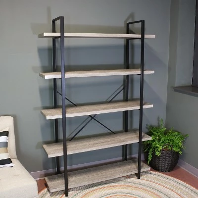 Sunnydaze Decor Sunnydaze 5 Shelf Industrial Style Freestanding Etagere Bookshelf with Wood Veneer Shelves - Oak Gray Veneer 3 Sunnydaze Decor Sunnydaze 5 Shelf Industrial Style Freestanding Etagere Bookshelf with Wood Veneer Shelves - Oak Gray Veneer