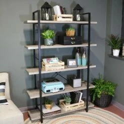 Sunnydaze Decor Sunnydaze 5 Shelf Industrial Style Freestanding Etagere Bookshelf with Wood Veneer Shelves - Oak Gray Veneer 10 Sunnydaze Decor Sunnydaze 5 Shelf Industrial Style Freestanding Etagere Bookshelf with Wood Veneer Shelves - Oak Gray Veneer -Bookshelves Sales Shop unnamed file 2397