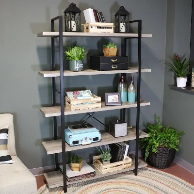 Sunnydaze Decor Sunnydaze 5 Shelf Industrial Style Freestanding Etagere Bookshelf with Wood Veneer Shelves - Oak Gray Veneer 6 Sunnydaze Decor Sunnydaze 5 Shelf Industrial Style Freestanding Etagere Bookshelf with Wood Veneer Shelves - Oak Gray Veneer - Image 4