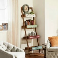 70" Wood 4 Shelf Leaning Shelf Book Shelf Brown - Olivia & May