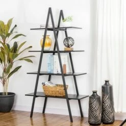 65" 4 Tier Metal and Wooden Leaning Bookcases and Ladder Shelves - Glitzhome Walnut