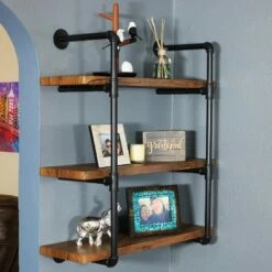 Sunnydaze Decor Sunnydaze 3 Shelf Industrial Style Pipe Frame Wall-Mounted Floating Shelf with Wood Veneer Shelves - Teak Veneer