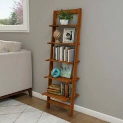 Hastings Home 5-Tier Ladder-Style Leaning Bookcase - Cherry Finish