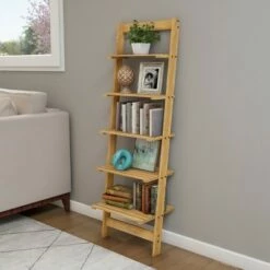 Hastings Home 5-Tier Bookshelf - 50" Tall, Pickled Oak Wood Finish