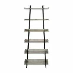 74" 6 Tier Wooden Ladder Storage Bookshelf with Metal Frame Gray/Black - The Urban Port