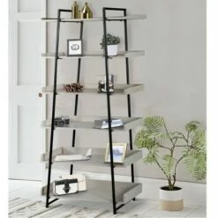74" 6 Tier Wooden Ladder Storage Bookshelf with Metal Frame Gray/Black - The Urban Port -Bookshelves Sales Shop unnamed file 2885
