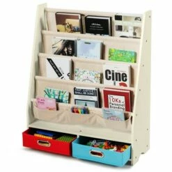 Costway Kids Book Rack Toys Organizer with 4 Sling Bookshelf & 2 Boxes EspressoBeige -Bookshelves Sales Shop unnamed file 2981