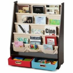 Costway Kids Book Rack Toys Organizer with 4 Sling Bookshelf & 2 Boxes EspressoBeige -Bookshelves Sales Shop unnamed file 2982