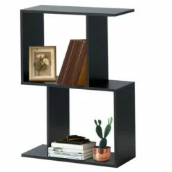 Costway 2-tier S-Shaped Bookcase Free Standing Storage Rack Wooden Display Decor Black -Bookshelves Sales Shop unnamed file 3229