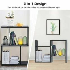 Costway 2-tier S-Shaped Bookcase Free Standing Storage Rack Wooden Display Decor Black -Bookshelves Sales Shop unnamed file 3233