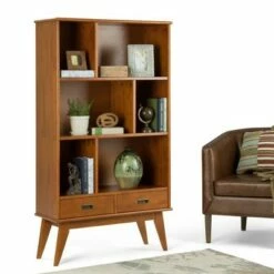 Tierney Solid Hardwood Mid Century Wide Bookcase and Storage Unit - Wyndenhall Teak