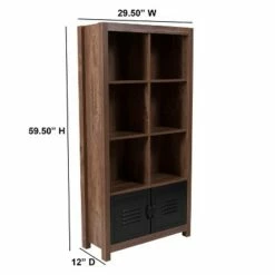 Flash Furniture New Lancaster Collection 59.5"H 6 Cube Storage Organizer Bookcase with Metal Cabinet Doors in Crosscut Oak Wood Grain Finish