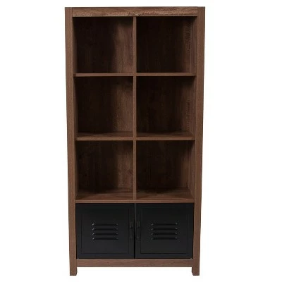 Flash Furniture New Lancaster Collection 59.5"H 6 Cube Storage Organizer Bookcase with Metal Cabinet Doors in Crosscut Oak Wood Grain Finish 6 Flash Furniture New Lancaster Collection 59.5"H 6 Cube Storage Organizer Bookcase with Metal Cabinet Doors in Crosscut Oak Wood Grain Finish - Image 4