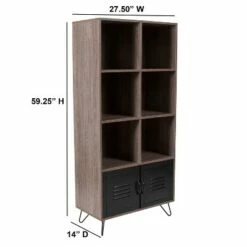 Flash Furniture Woodridge Collection 59.25"H 6 Cube Storage Organizer Bookcase with Metal Cabinet Doors and Metal Legs in Rustic Wood Grain Finish