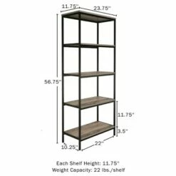 Lavish Home 5-Tier Open Industrial Style Wooden Bookshelf, Gray Woodgrain