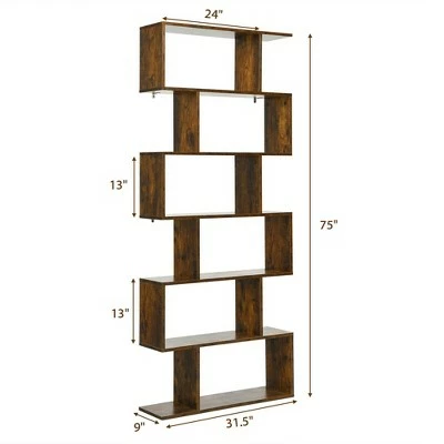 Costway 1/2 PCS 6 Tier S-Shaped Bookshelf Storage Display Bookcase Z-Shelf Coffee 3 Costway 1/2 PCS 6 Tier S-Shaped Bookshelf Storage Display Bookcase Z-Shelf Coffee