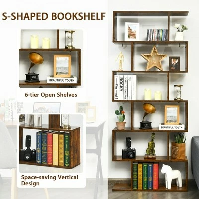 Costway 1/2 PCS 6 Tier S-Shaped Bookshelf Storage Display Bookcase Z-Shelf Coffee 7 Costway 1/2 PCS 6 Tier S-Shaped Bookshelf Storage Display Bookcase Z-Shelf Coffee - Image 5