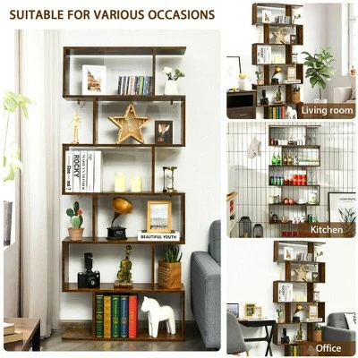 Costway 1/2 PCS 6 Tier S-Shaped Bookshelf Storage Display Bookcase Z-Shelf Coffee 8 Costway 1/2 PCS 6 Tier S-Shaped Bookshelf Storage Display Bookcase Z-Shelf Coffee - Image 6