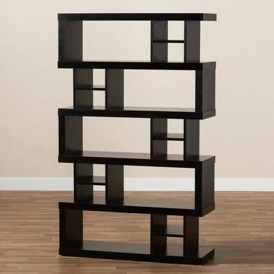 57.01" Dora Wood 5 Tier Geometric Bookshelf Dark Brown - Baxton Studio 8 57.01" Dora Wood 5 Tier Geometric Bookshelf Dark Brown - Baxton Studio - Image 6