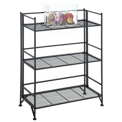 33" 3 Tier Wide Folding Metal Shelf Black - Breighton Home 3 33" 3 Tier Wide Folding Metal Shelf Black - Breighton Home