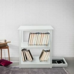 34" Adams 3 Shelf Bookcase with Concealed Sliding Track White - Flora Home -Bookshelves Sales Shop unnamed file 4848