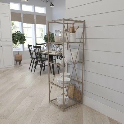 Merrick Lane 64" Modern Bookshelf Glass 4-Shelf Bookcase with Powder Coated Matte Gold Cross Braced Frame 3 Merrick Lane 64" Modern Bookshelf Glass 4-Shelf Bookcase with Powder Coated Matte Gold Cross Braced Frame