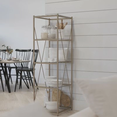 Merrick Lane 64" Modern Bookshelf Glass 4-Shelf Bookcase with Powder Coated Matte Gold Cross Braced Frame 4 Merrick Lane 64" Modern Bookshelf Glass 4-Shelf Bookcase with Powder Coated Matte Gold Cross Braced Frame - Image 2